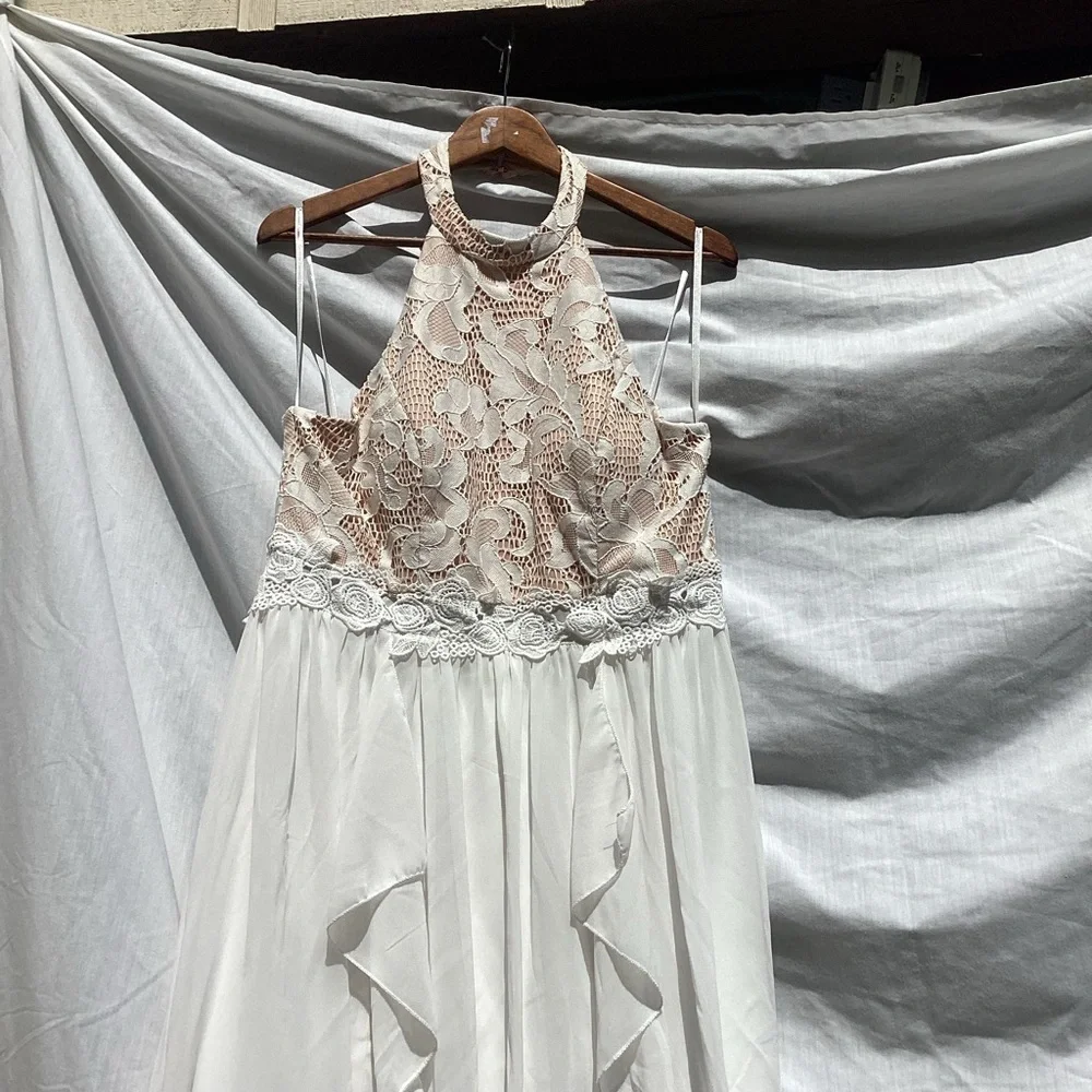 Jodi Kristopher tan and off white lace formal dress, size 15 - Picture 4 of 10